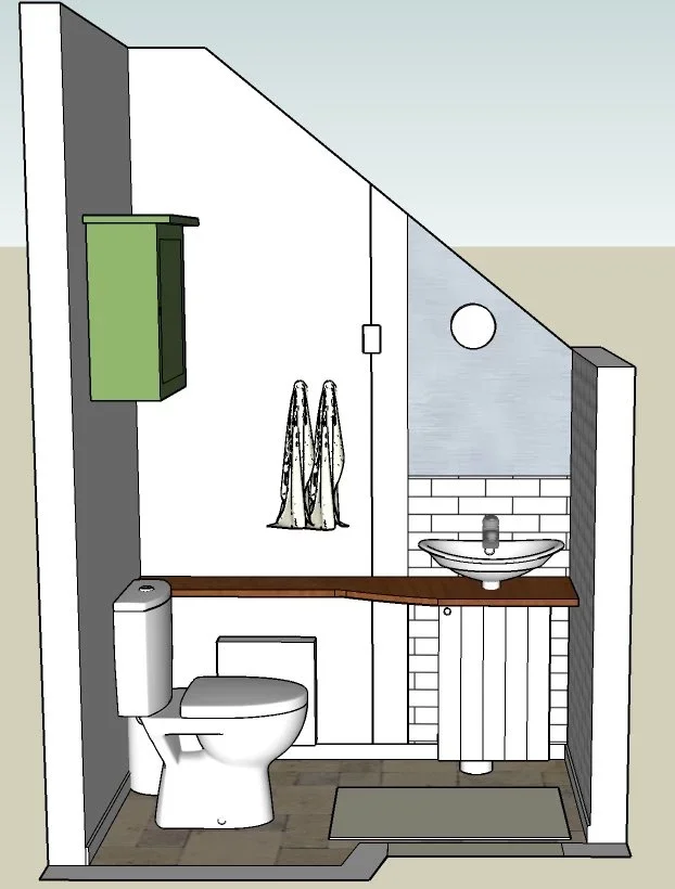 3D-piirros pienestä wc-tilasta, jossa on wc-istuin, pieni pöytätaso lavuaaria varten, pyyheliina ripustettuna seinälle ja pieni peili. Seinät ovat osittain laatoitettu ja osittain maalattu.