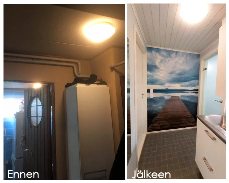 Vasemmalla vanha pukuhuone, oikealla uudistettu huoneen seinä, jossa on taidemaalaus järvimaisemasta.