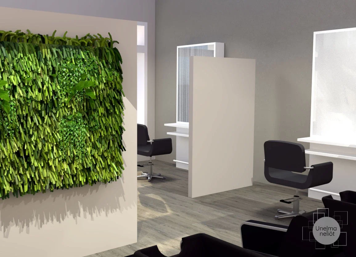 Kampaamo, jossa on viherseinä ja työpisteitä, joissa on tuolit ja pöytiä. Kuvassa on 3d-visualisointi tilasta.