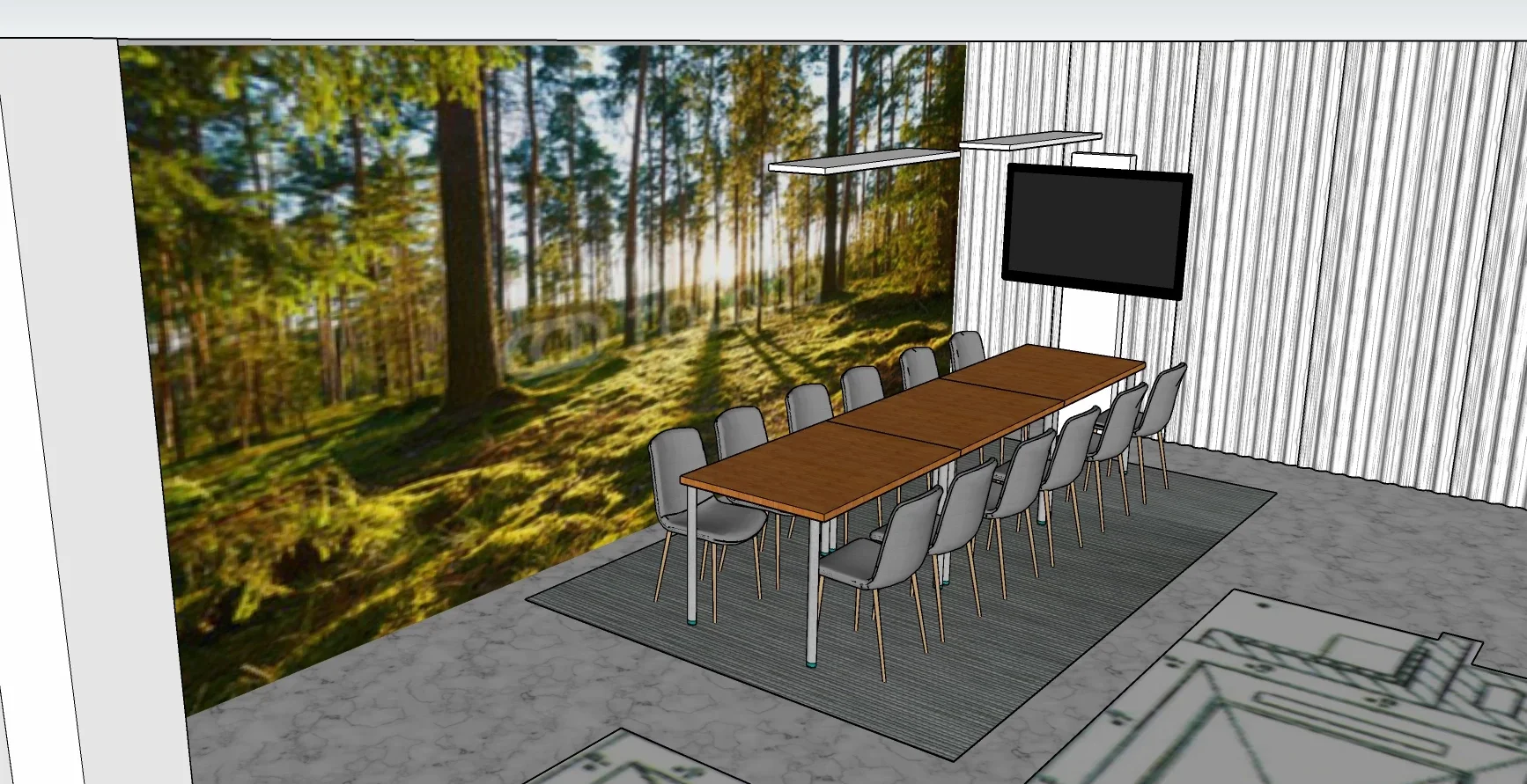 Tilannekuva neuvotteluhuoneesta, jossa on pitkä puurrefeinen neuvottelupöytä, useita harmaita tuoleja, suuri näyttötaulu seinällä ja seinässä metsän maisemarauha.
