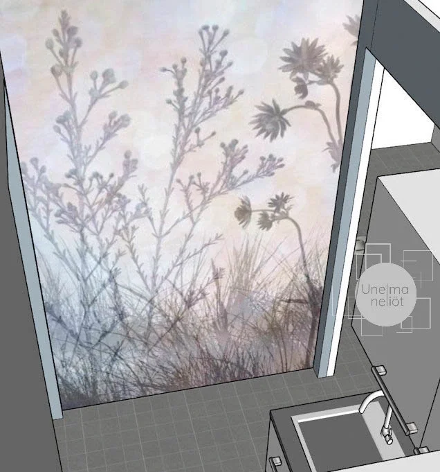 3D-piirros pukuhuoneeesta, jossa on iso kuvatapetti, jossa kukkivan kasvi- ja heinävihjeen varjot. Osa kylpyhuoneen kalusteista ja lavuaari näkyvät alhaalla oikealla.
