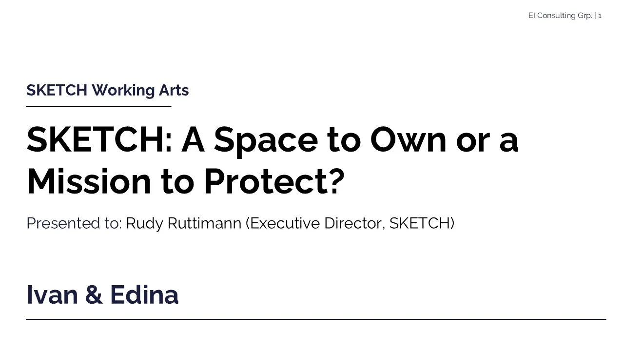 Slide presentation title slide with the title 'SKETCH: A Space to Own or a Mission to Protect?' and the subtitle 'Presented to: Rudy Ruttmann (Executive Director, SKETCH)'. Presented by Ivan & Edina.