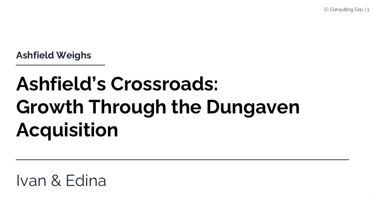Title slide for a presentation titled "Ashfield's Crossroads: Growth Through the Dungaven Acquisition" by Ivan & Edina, with a subheading "Ashfield Weighs."