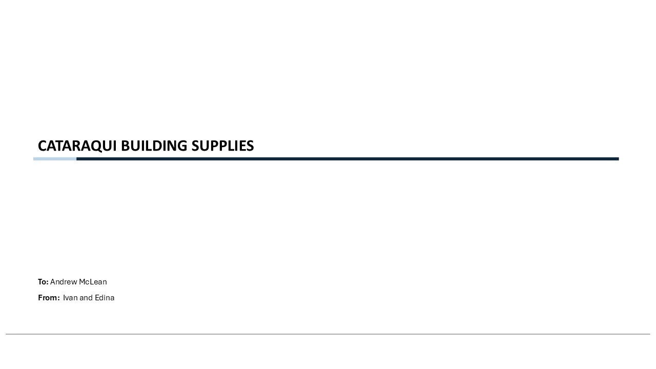 Cover page of a document titled 'Catarqui Building Supplies' addressed to Andrew McLean from Ivan and Edina.