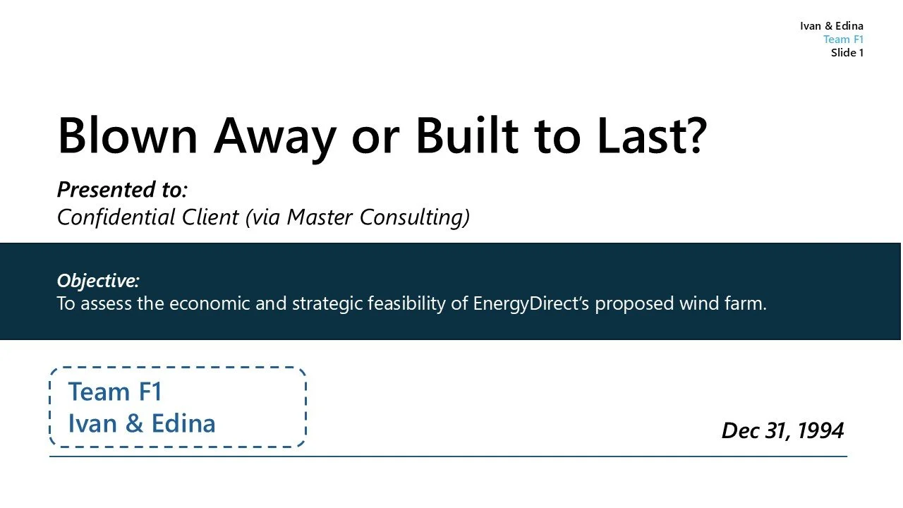 Title slide of a presentation titled 'Blown Away or Built to Last?' presented to a confidential client by Ivan & Edina from Team F1, dated December 31, 1994.