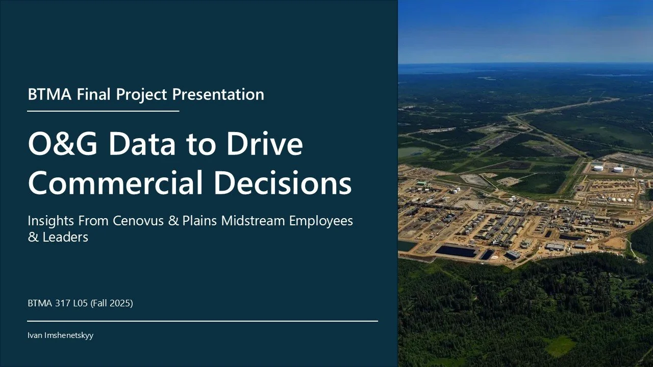 Cover slide of a presentation titled 'O&G Data to Drive Commercial Decisions' with a subtitle 'Insights From Cenovus & Plains Midstream Employees' on the left side and an aerial view of an oil and gas facility with surrounding land on the right side.