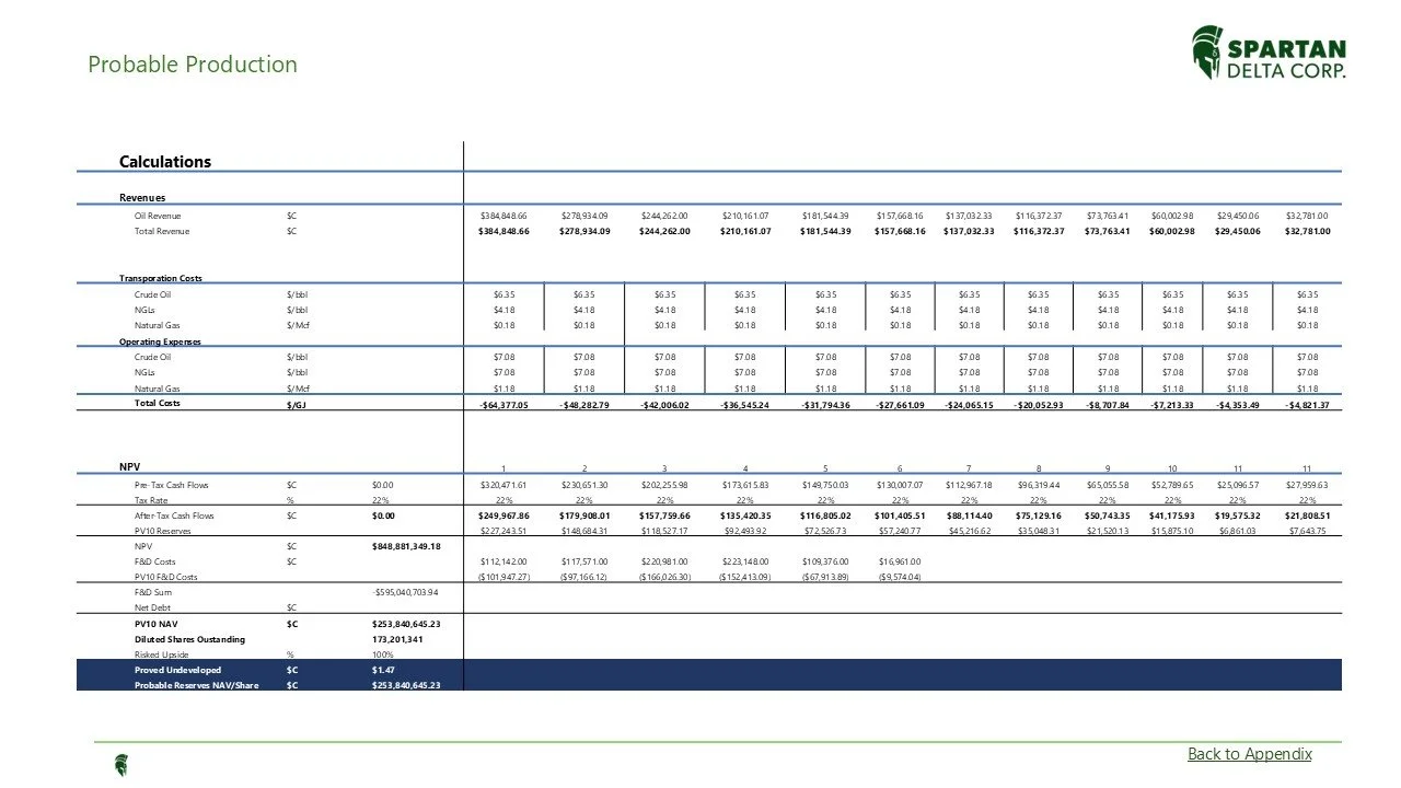 Financial projection spreadsheet titled 'Probable Production' with sections for Revenues, Transportation Costs, Operating Expenses, Total Costs, and NPV, including data on oil, natural gas, and NGls.