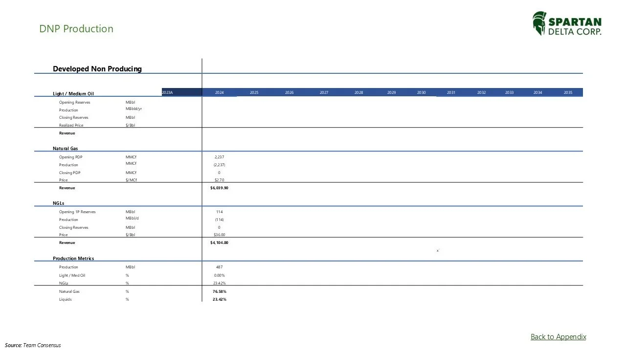 A financial or production report chart from Spartan Delta Corp. showing data on light/medium oil, natural gas, NGLs, and production metrics across years from 2023 to 2035, including reserves, production, price, and revenue information.