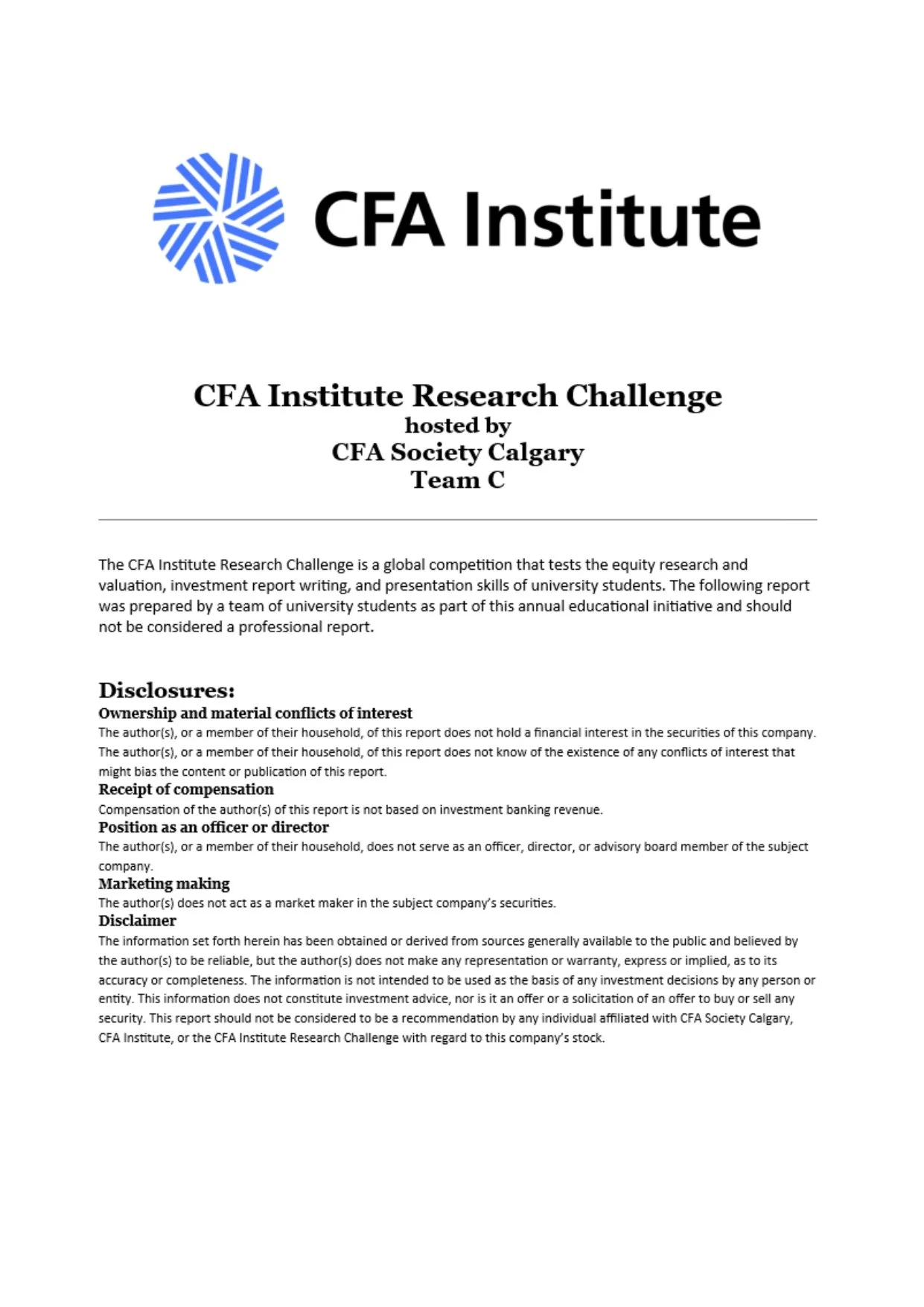 CFA Institute Research Challenge document with CFA Institute logo, titled 'CFA Institute Research Challenge', hosted by CFA Society Calgary, Team C, describing competition rules and disclosures.