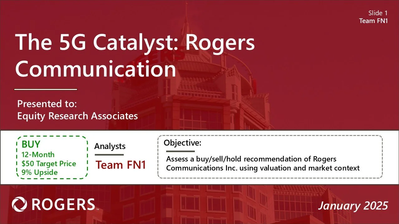 Slide presentation titled 'The 5G Catalyst: Rogers Communication,' presented to 'Equity Research Associates' by 'Team FN1' in January 2025. The slide contains a subheading, a buy recommendation with a 12-month, $50 target price and 9% upside, and a b