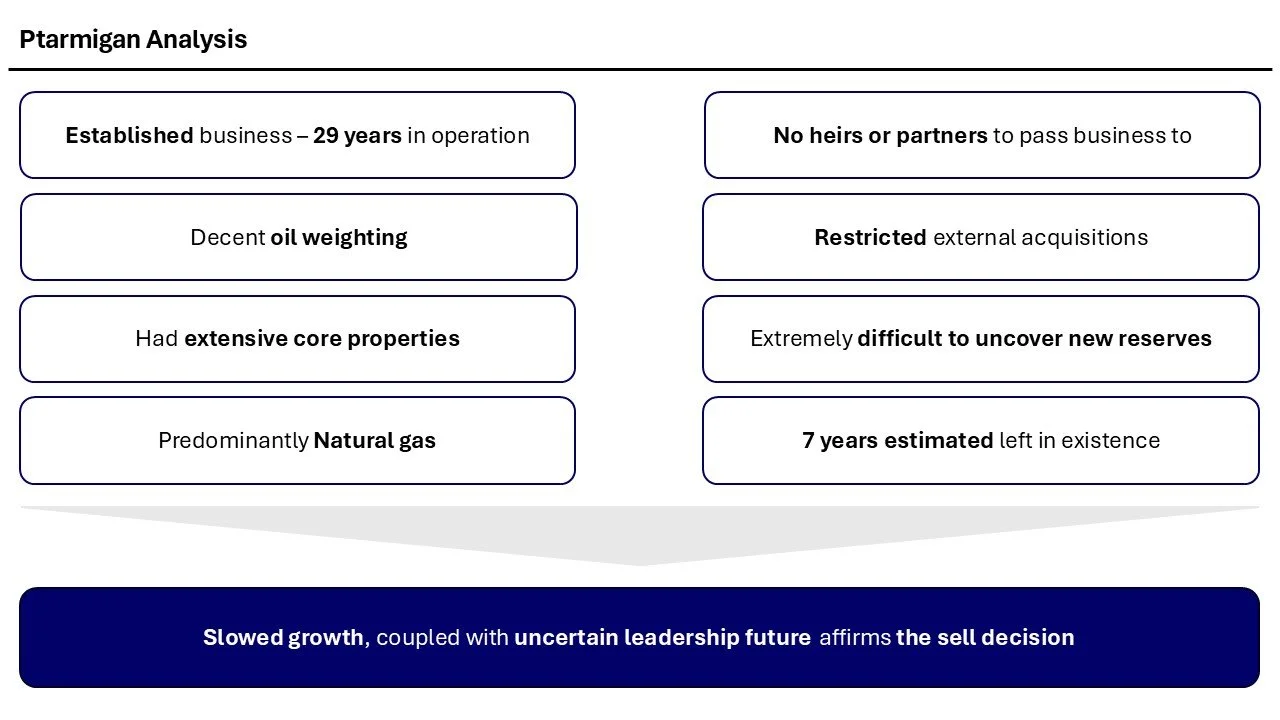 A business analysis chart discussing a company's 29-year history, core properties, and reserves, with a summary statement about slowed growth and uncertain leadership.