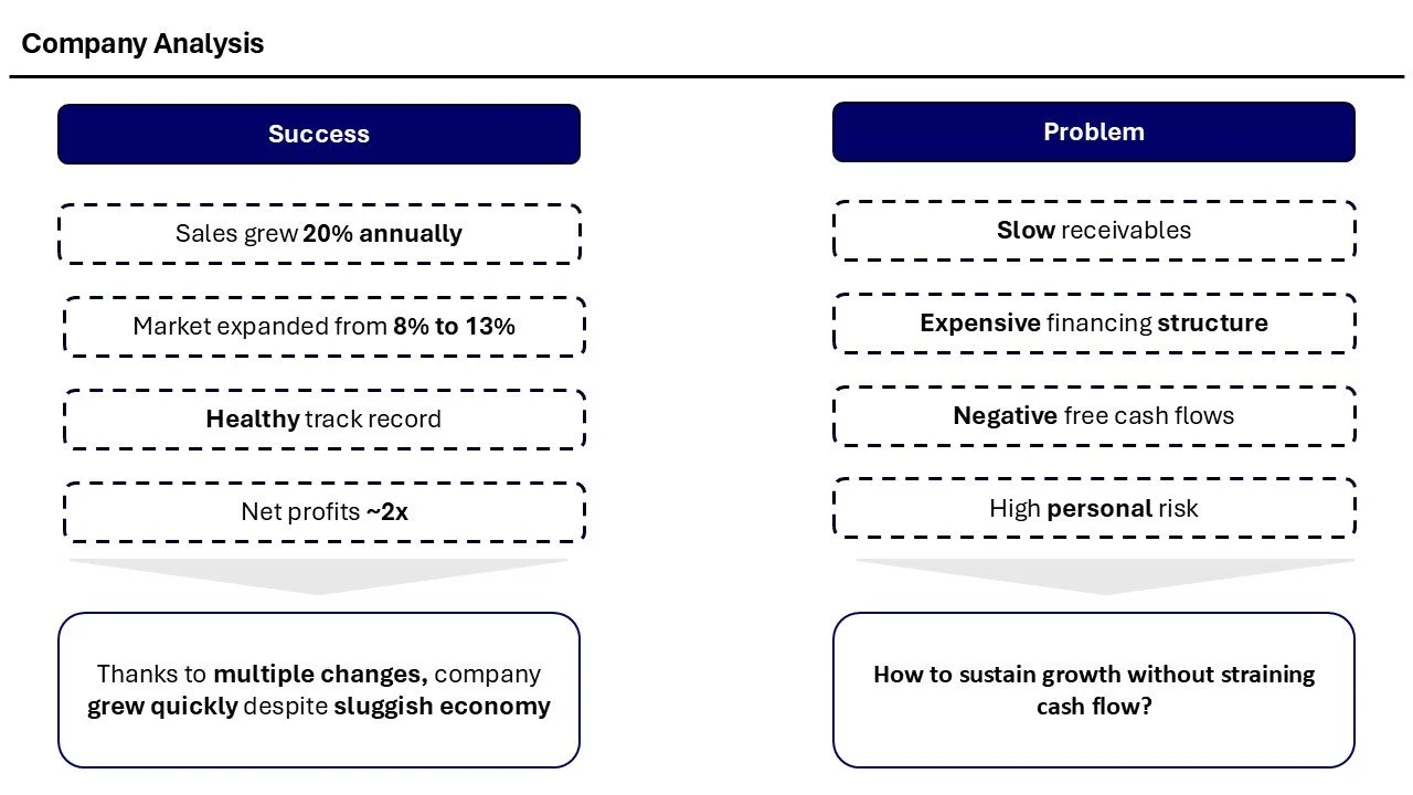 A company analysis chart comparing success factors, such as 20% annual sales growth and expanding market share, against problems like slow receivables and negative cash flow, with a summary note about adaptability.