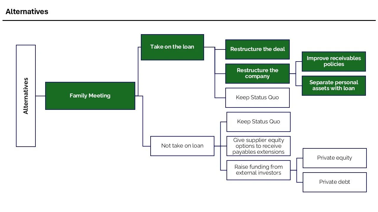 Flowchart titled 'Alternatives' with options stemming from 'Family Meeting,' including taking on the loan or not, and various strategies for restructuring, retainment, or financing.