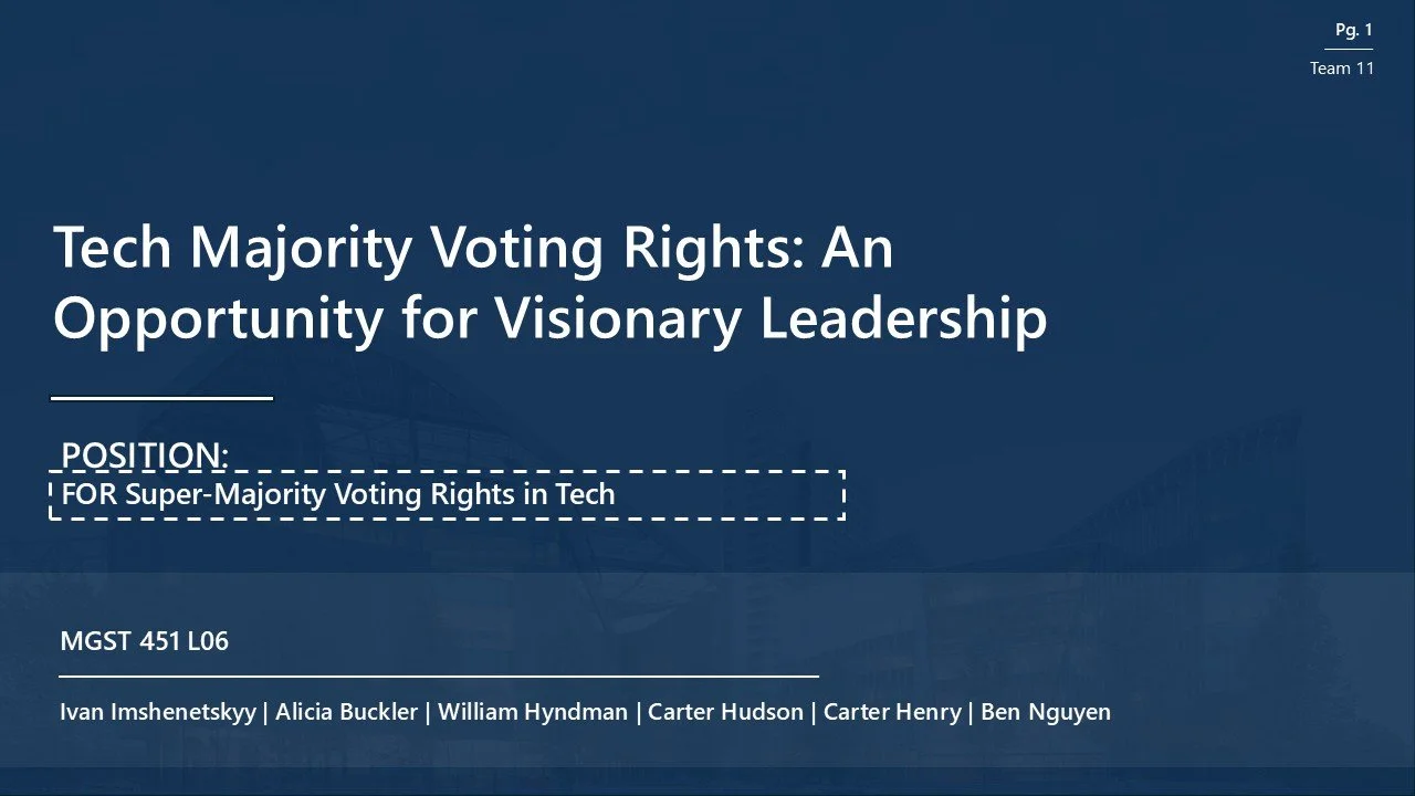 Presentation slide titled "Tech Majority Voting Rights: An Opportunity for Visionary Leadership" with subtext "Position: For Super-Majority Voting Rights in Tech." The slide includes course code MGST 451 L06 and names of presenters: Ivan Imshetnskyy,