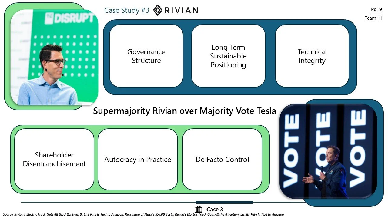Slide from a presentation with the title 'Case Study #3 Rivian,' discussing Rivian's electric trucks and Tesla, featuring images of a man speaking at VOTE event, a person in front of Tesla logos, and various strategic topics.