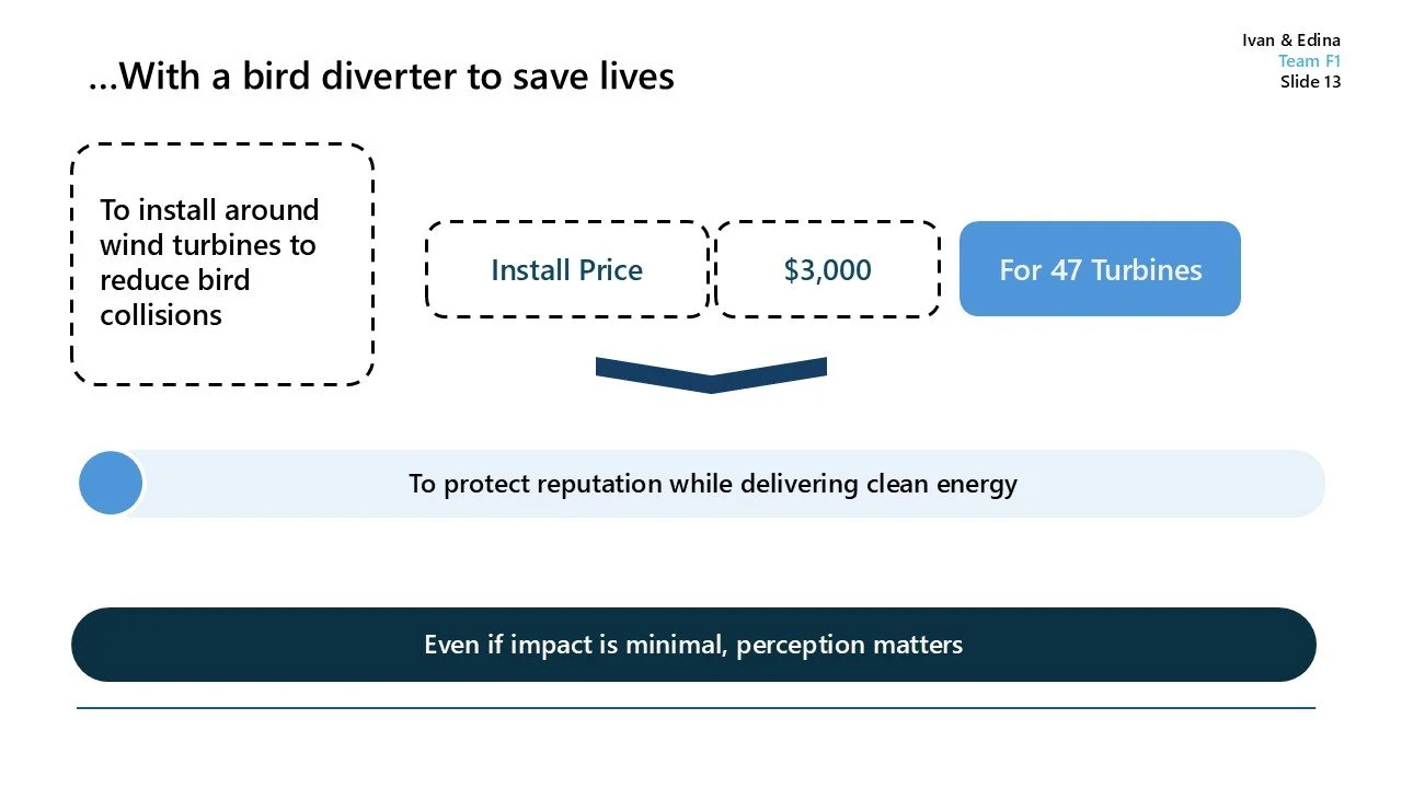 Slide showing information about installing wind turbines to reduce bird collisions, with an install cost of $3,000 for 47 turbines, aiming to protect reputation and deliver clean energy, authored by Ivan & Edina.