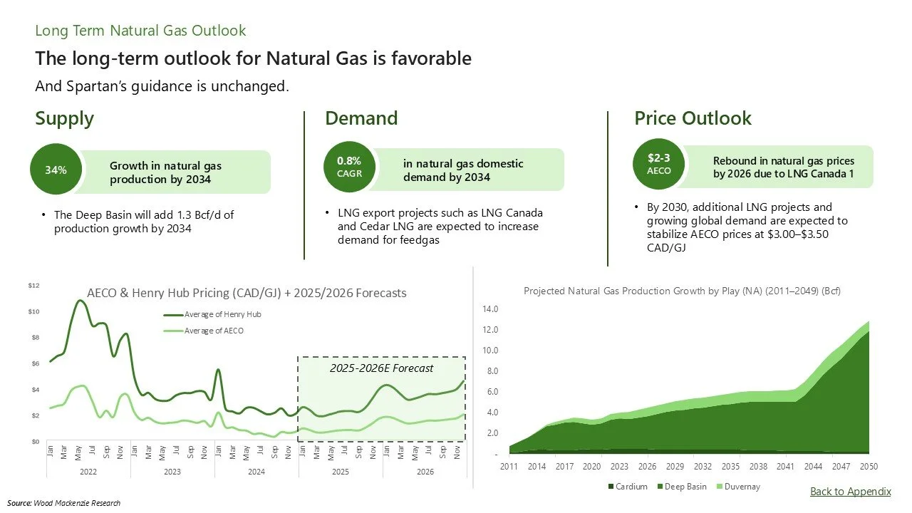 A detailed infographic displaying the long-term natural gas outlook, including supply and demand forecasts, price outlook with projected price stabilization due to LNG projects, and charts showing natural gas production growth forecasts from 2011 to 