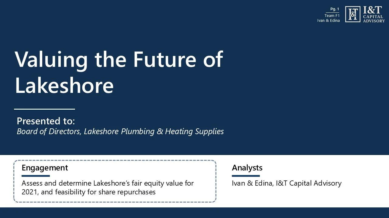 Slide titled 'Valuing the Future of Lakeshore' presented to the Board of Directors of Lakeshore Plumbing & Heating Supplies, with the I&T Capital Advisory logo in the top right corner.