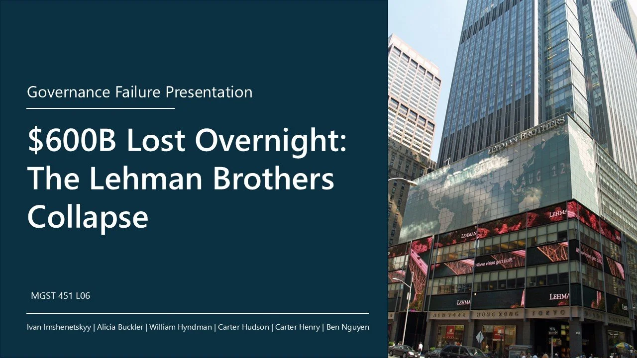 Presentation slide titled 'Governance Failure Presentation' with the headline '$600B Lost Overnight: The Lehman Brothers Collapse' and a modern city building with electronic billboards in Manhattan, New York City, on the right side.