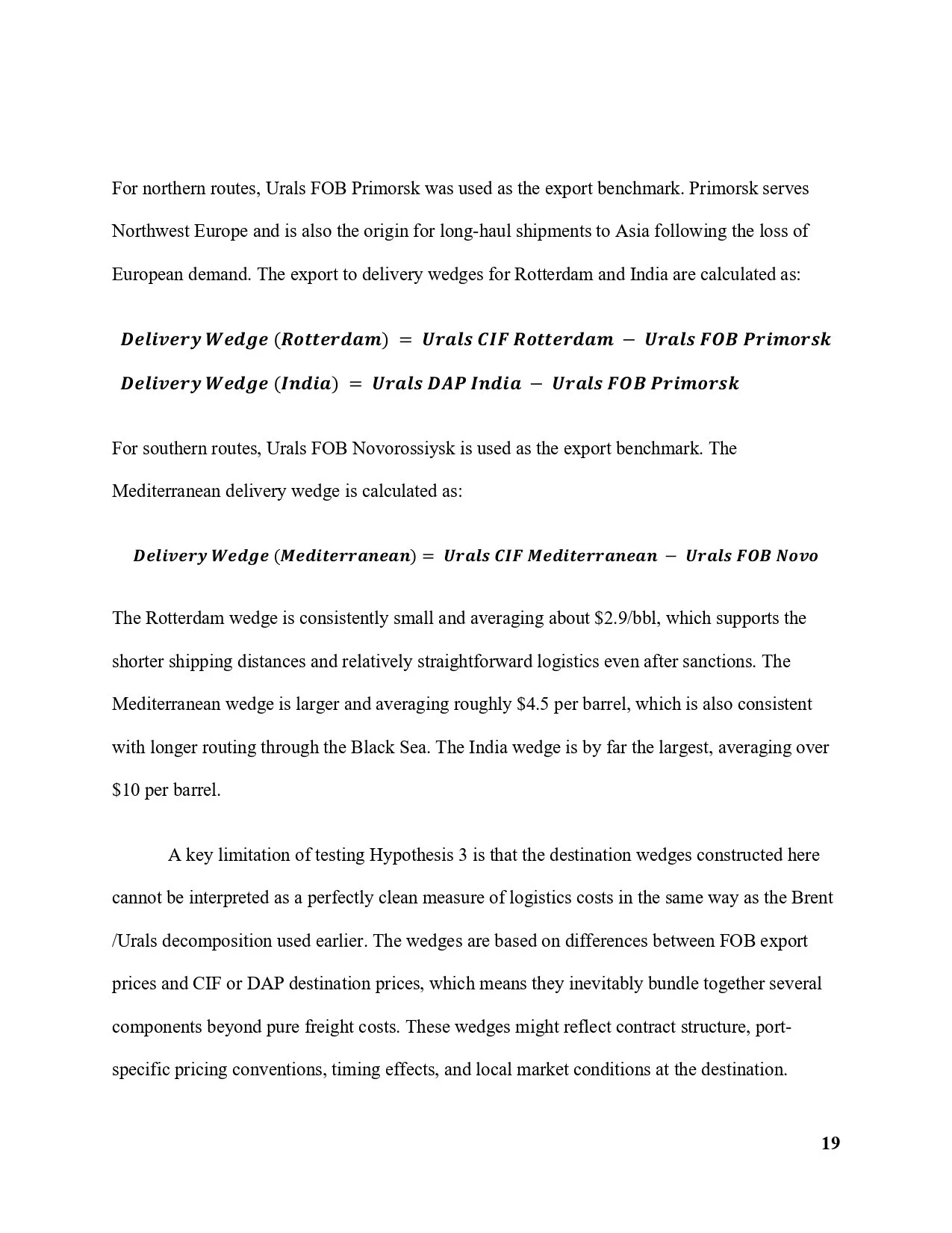 Page 19 of a document discussing shipping cost calculations and export benchmarks for different regions, including diagrams of delivery wedges for Rotterdam, India, and the Mediterranean.