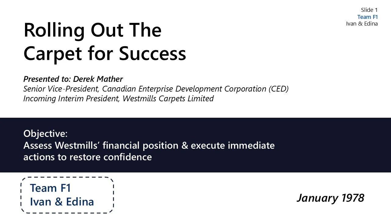 Title slide for a presentation titled "Rolling Out The Carpet for Success" with details indicating it is for Team F1, Ivan & Edina, given to Derek Mather, Senior Vice-President at Canadian Enterprise Development Corporation (CED), and Incoming Interi