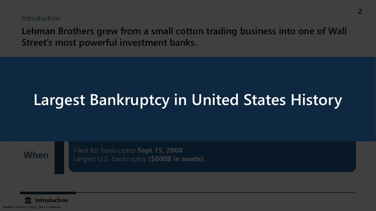Slide from presentation with the title "Largest Bankruptcy in United States History" and a note about the Lehman Brothers bankruptcy, filed on September 15, 2008, with assets totaling $600 billion.