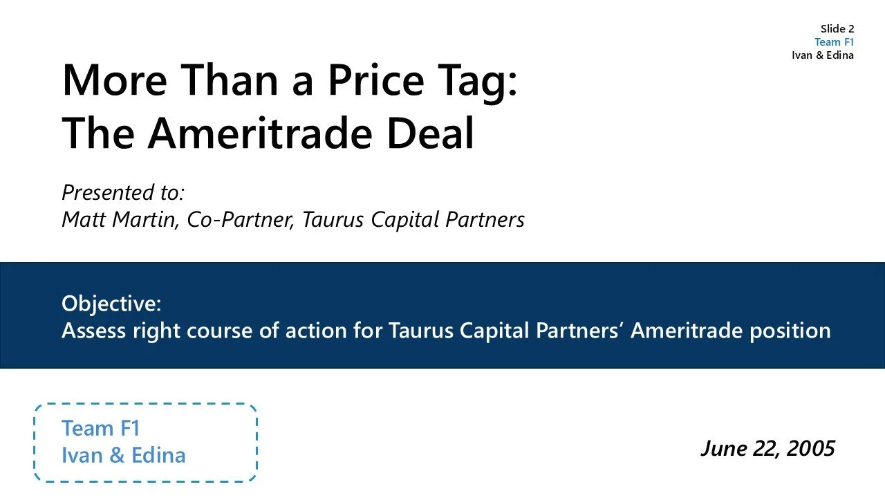 Title slide of a presentation titled 'More Than a Price Tag: The Ameritrade Deal' with presenter's name Matt Martin, Co-Partner, Taurus Capital Partners, dated June 22, 2005, and team information 'Team F1, Ivan & Edina' in the lower left corner.