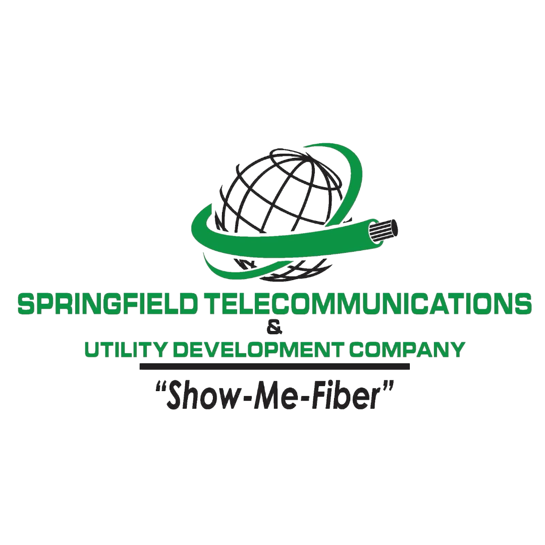 Logo for Springfield Telecommunications, a utility development company, featuring a globe with a green orbit and a black satellite, with text 'Springfield Telecommunications', 'Utility Development Company', and the slogan 'Show-Me-Fiber'.