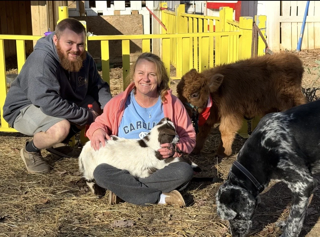 A woman sitting on the ground with a black and white puppy in her lap, two men crouching nearby, and two other puppies in an outdoor yard with a yellow fence landscape.