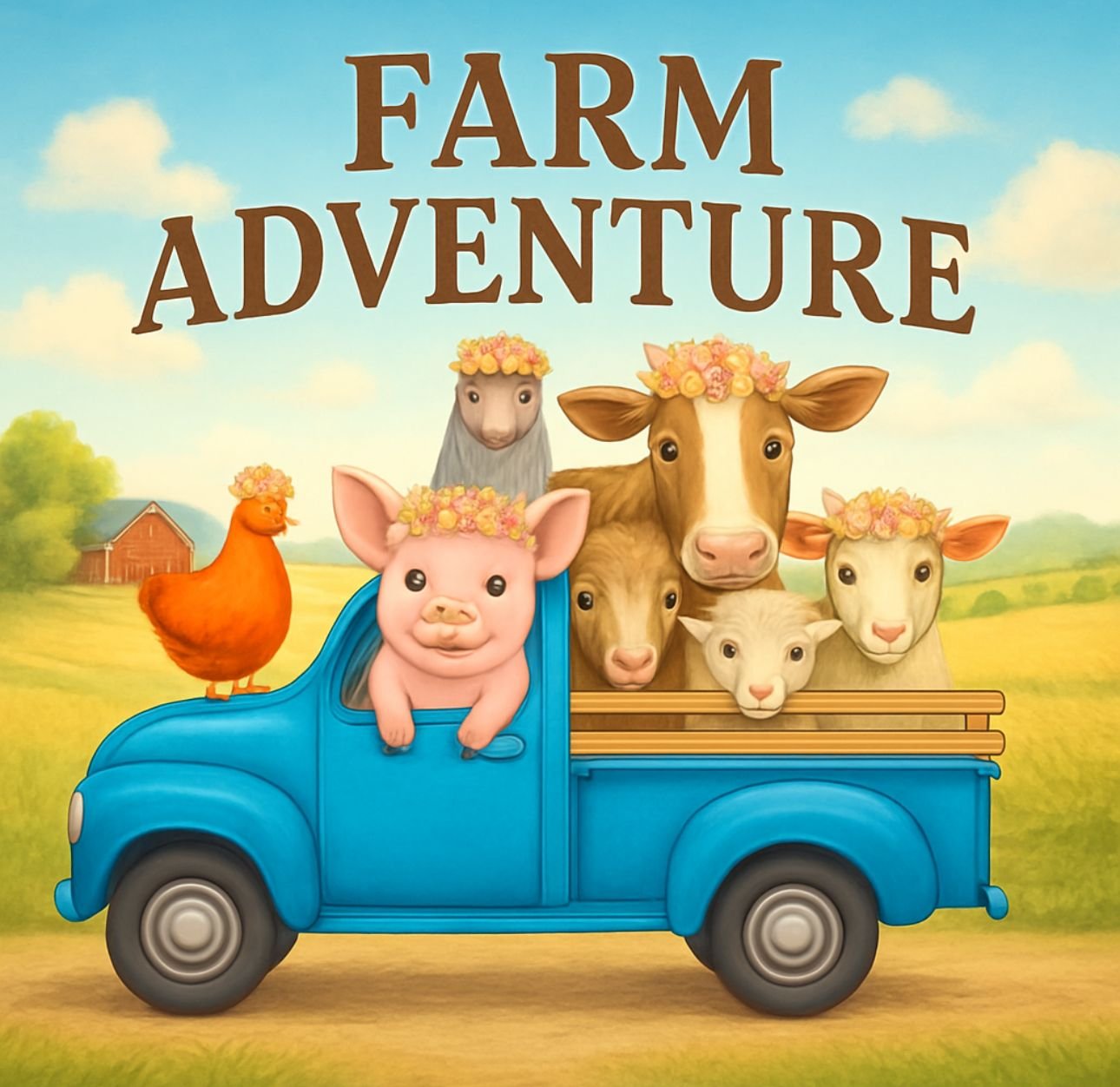 Illustration of farm animals in a blue truck with a yellow background and the text 'Farm Adventure' at the top.