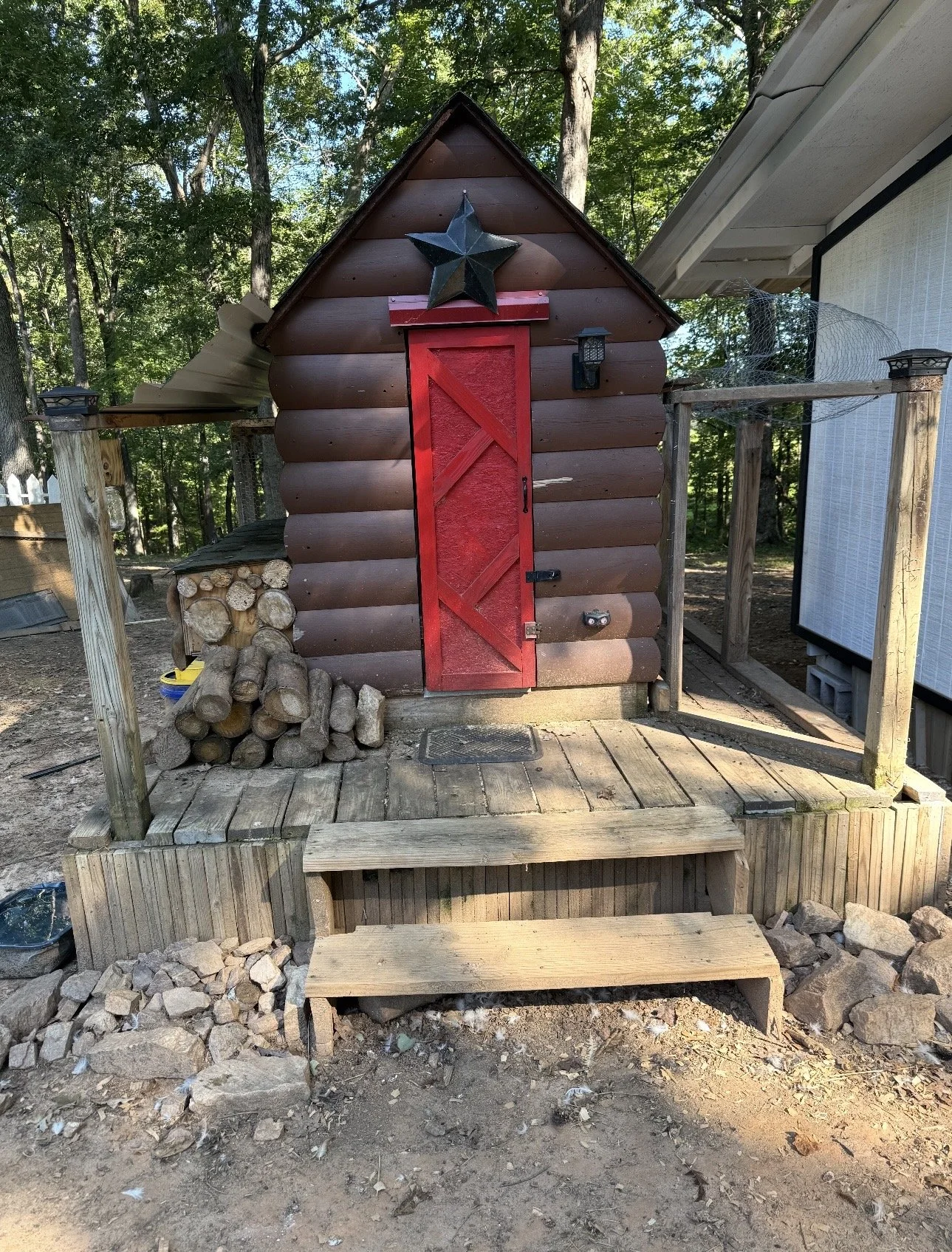 A small wooden shed with a bright red door, topped with a star decoration, on a wooden deck with a set of steps. Logs are stacked beside the shed, surrounded by trees and greenery.