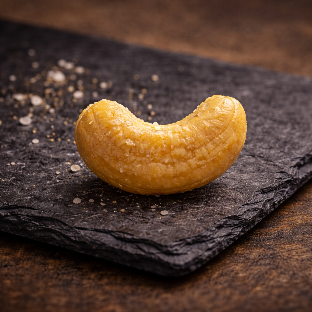 A single salted cashew nut placed on a black slate surface.