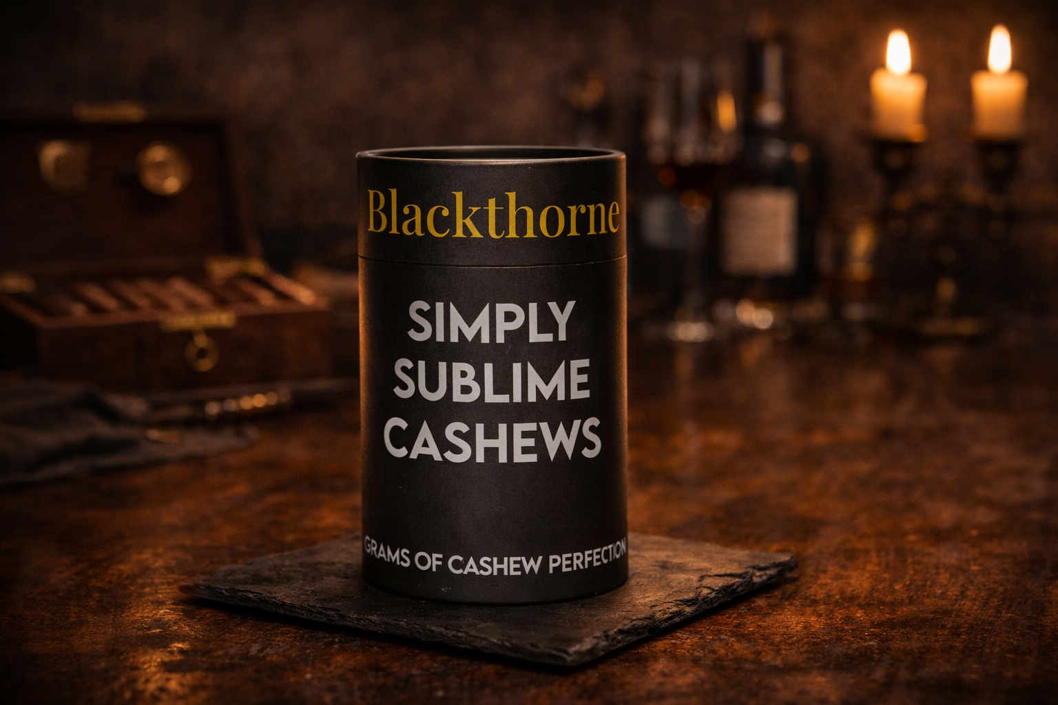 A black cylindrical container of Blackthorne Cashews with the label reading 'Simply Sublime Cashews' and 'Grams of Cashew Perfection' underneath, placed on a dark stone coaster on a wooden surface, with a blurred background of candles and bottles.