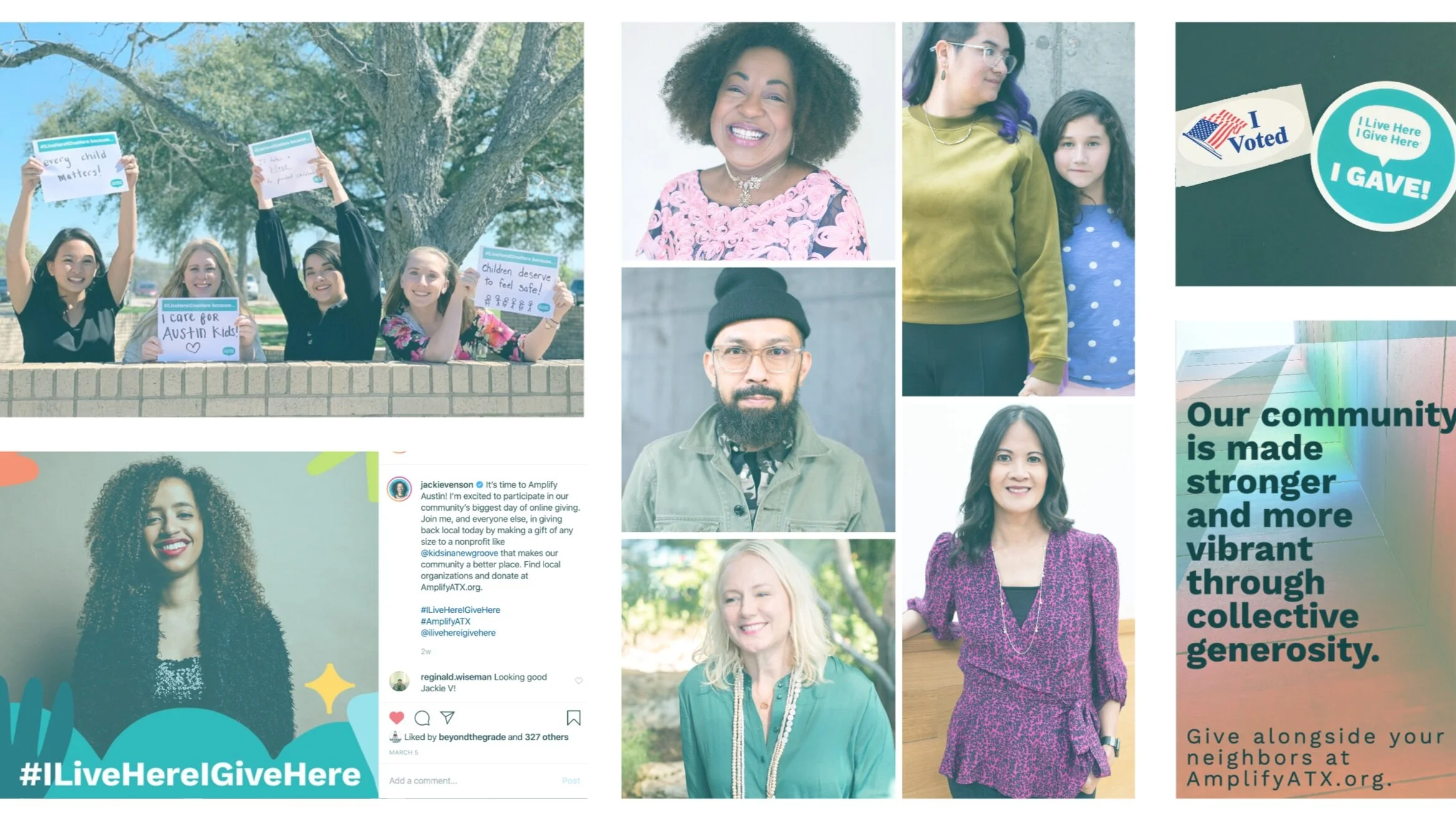A collage of social media posts and photos featuring diverse community members, volunteers holding signs, and the "I Live Here I Give Here" branding.