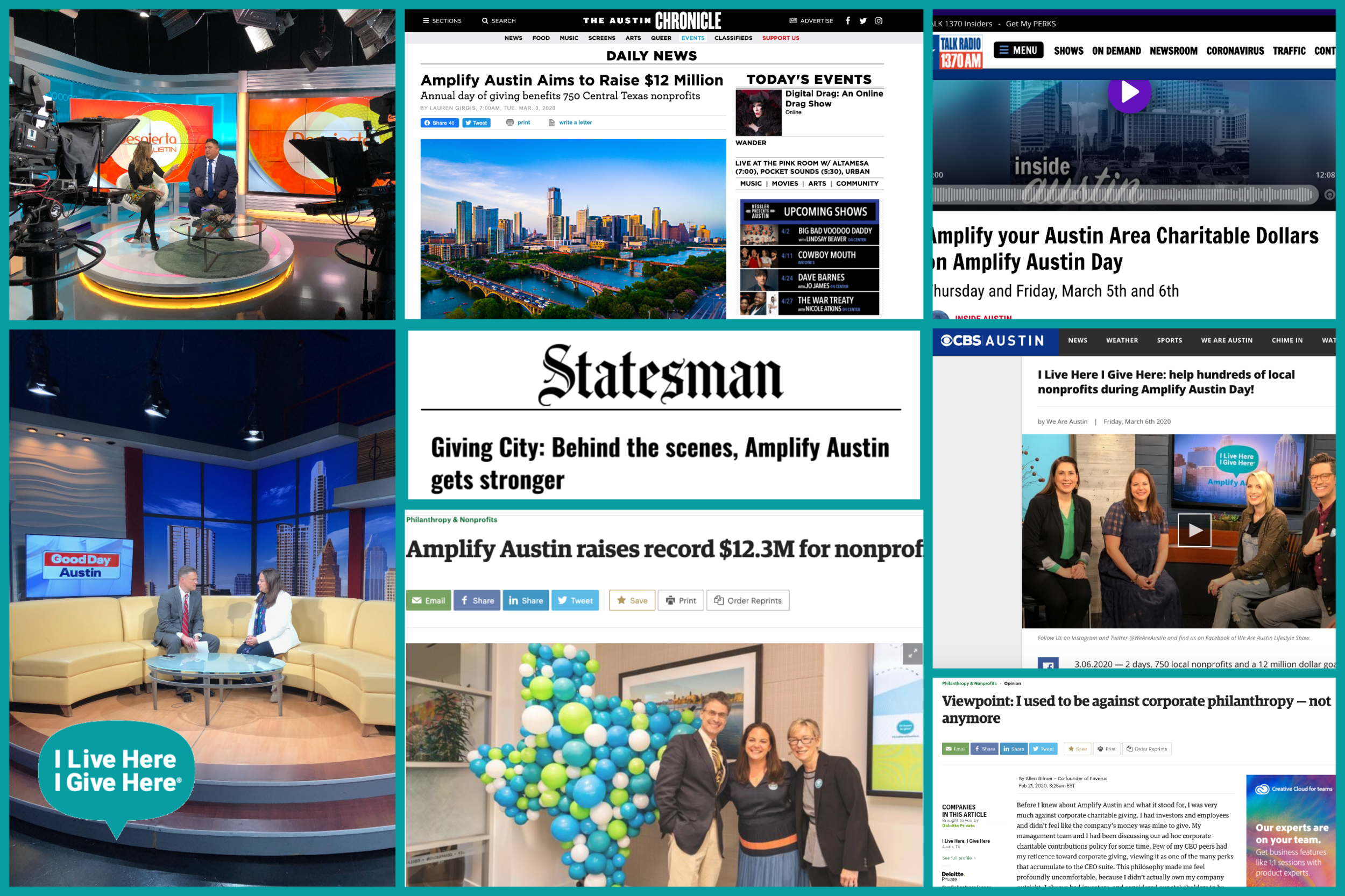 A collage of news headlines and media coverage for Amplify Austin Day, including digital articles from the Austin American-Statesman and photos of televised news interviews.
