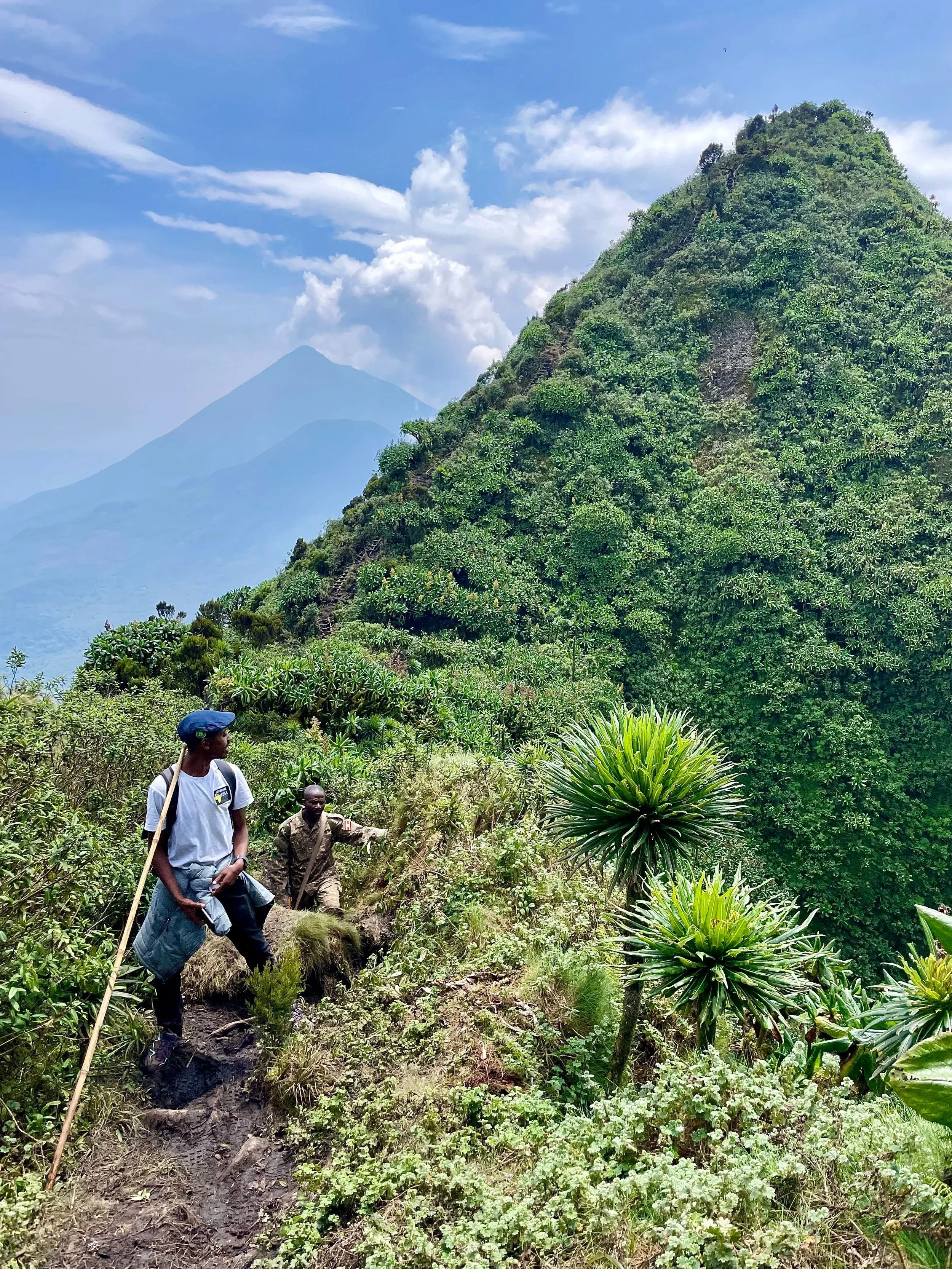 Two people walking along a trail on a lush green mountain with a distant mountain peak in the background, under a partly cloudy sky.