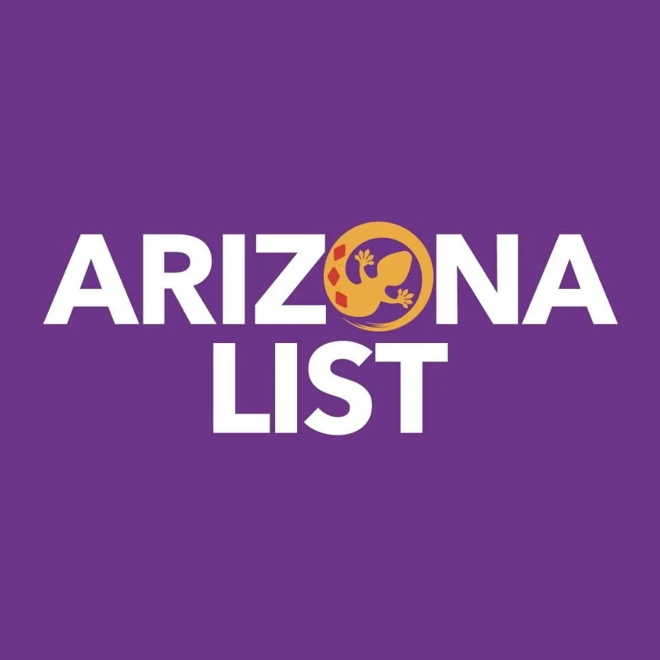 Purple background with the words "Arizona List" in white, and a circular logo of a stylized lizard or gecko in purple, red, and yellow between the words.