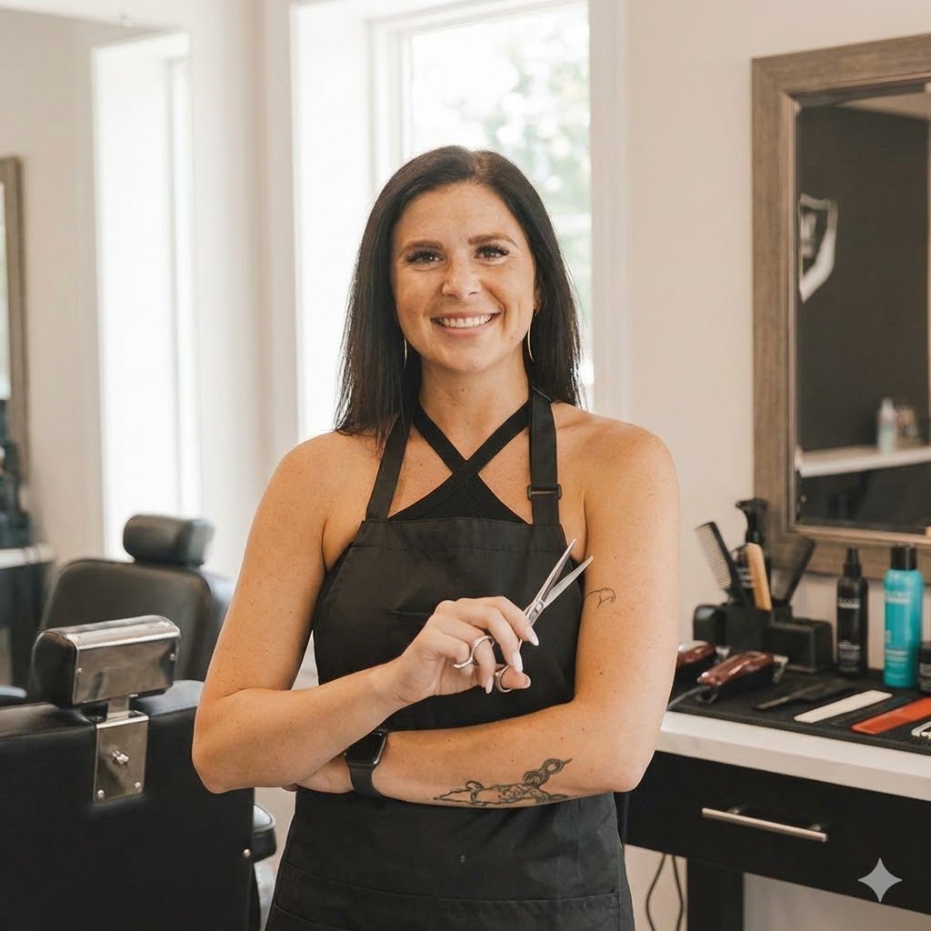 A woman with long dark hair smiling, holding a pair of scissors, standing inside a barber shop with various styling tools and products in the background.