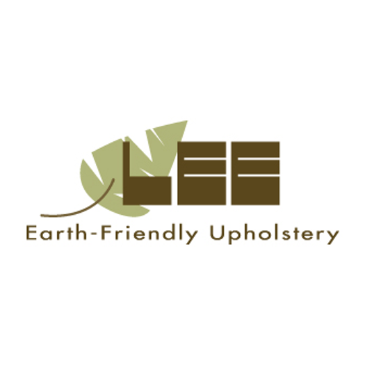 Logo of Earth-Friendly Upholstery featuring a stylized leaf and three brown rectangular shapes resembling furniture pieces.
