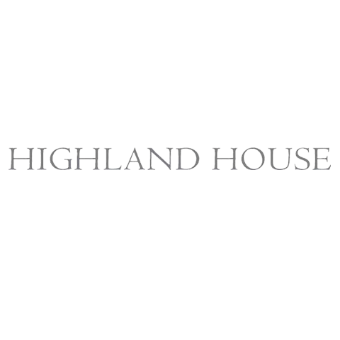 Logo for Highland House with a black background and silver text.