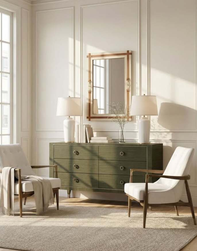 Living room with two white armchairs, a green dresser with six drawers, two table lamps, a mirror above the dresser, a vase with branches, and a window with sunlight.