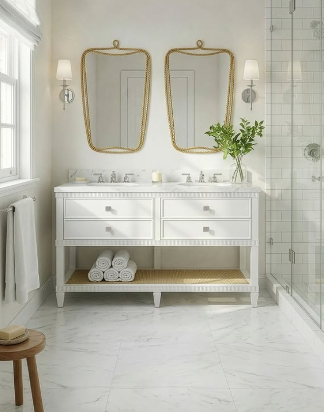 A white bathroom featuring a double vanity with a wicker shelf and four rolled towels, two mirrors with rope frames, wall-mounted lights, a potted plant, a window, and a glass shower enclosure with white subway tiles.