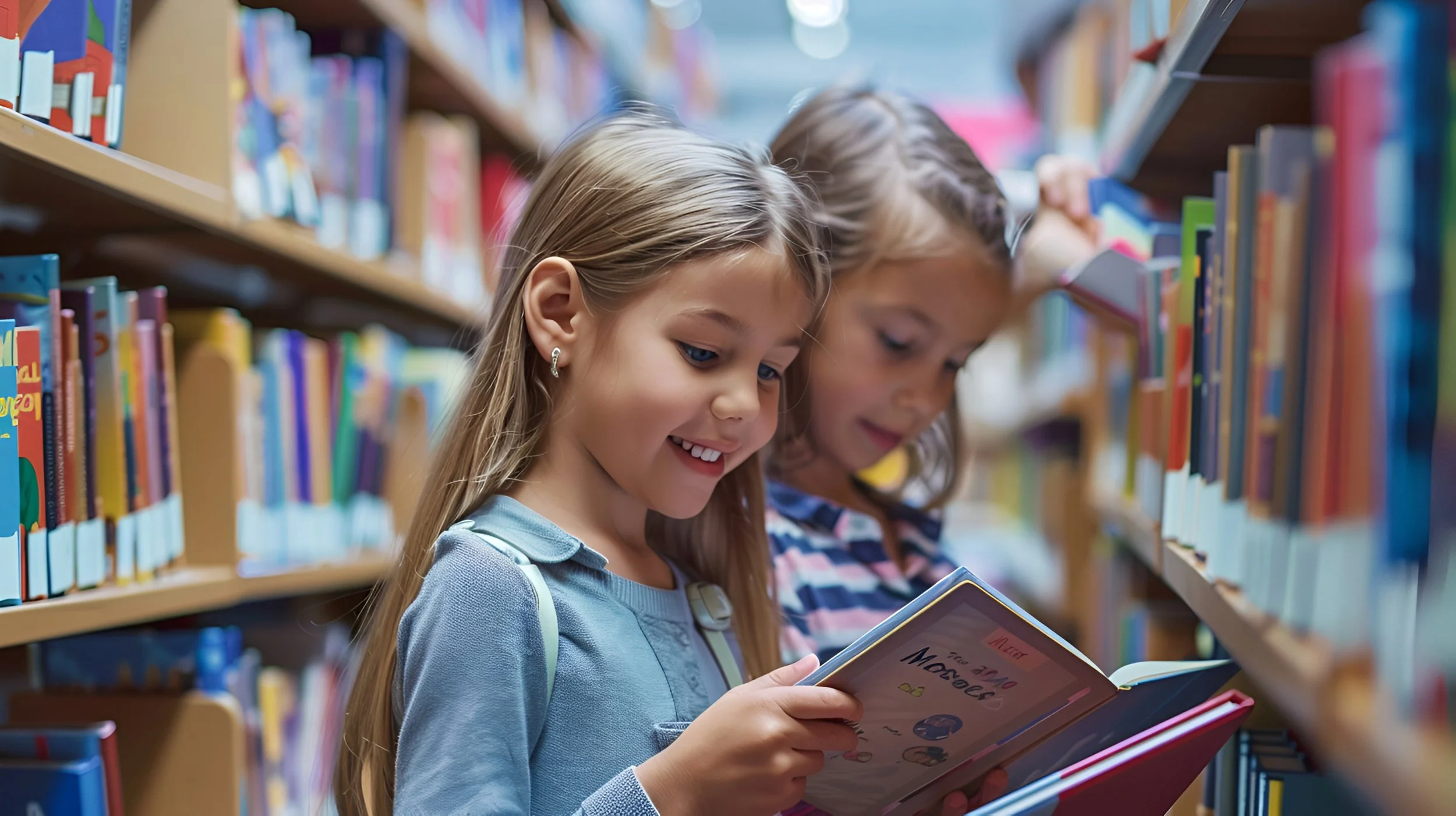 Two young girls reading books in a library aisle with shelves filled with colorful children's books.