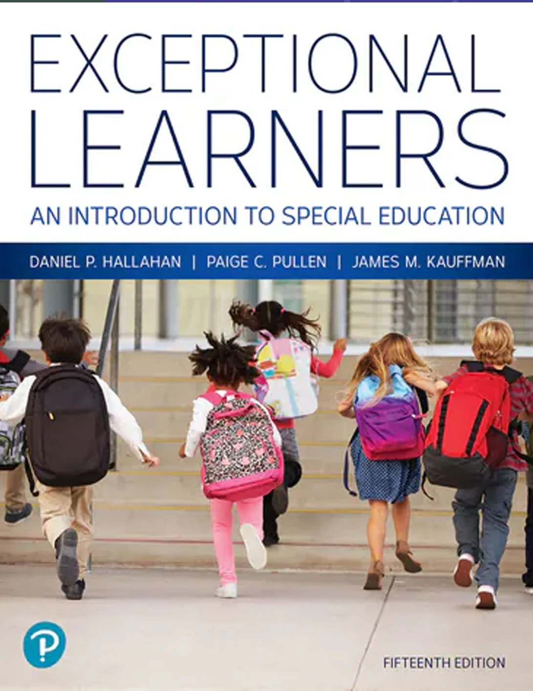 Book cover titled "Exceptional Learners: An Introduction to Special Education" showing a group of young children with backpacks running on school field, with a social media icon in the lower left corner.