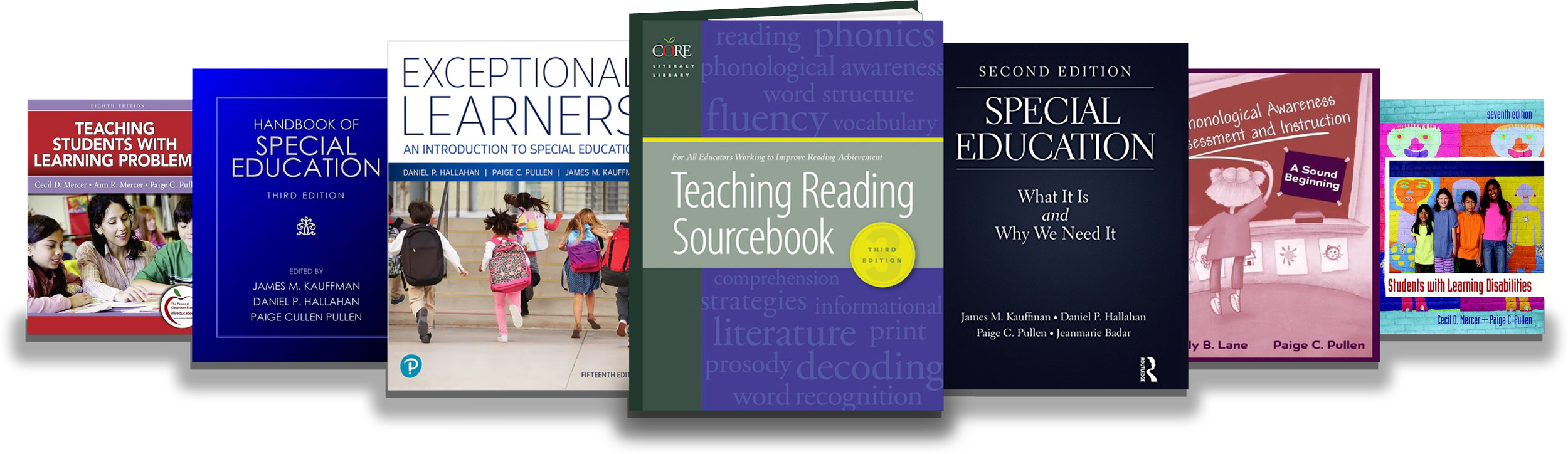 Stack of educational textbooks on special education, phonics, reading teaching, and learning disabilities.