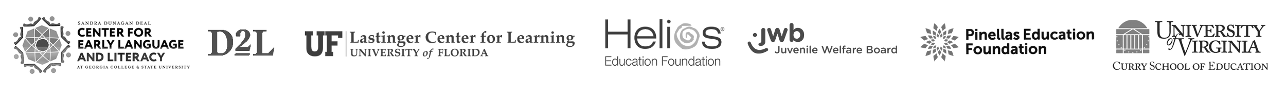 A collage of logos from various organizations including the Center for Early Language and Literacy, the University of Florida, Helios, the Juvenile Welfare Board, Pinellas Education Foundation, University of Virginia, and the Curry School of Education.