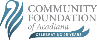 Community Foundation of Acadiana logo with a stylized blue flame and text celebrating 25 years.