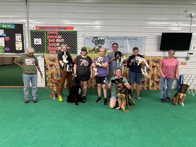Group of people and dogs in an indoor training facility with green flooring, wall decorations, and banners.