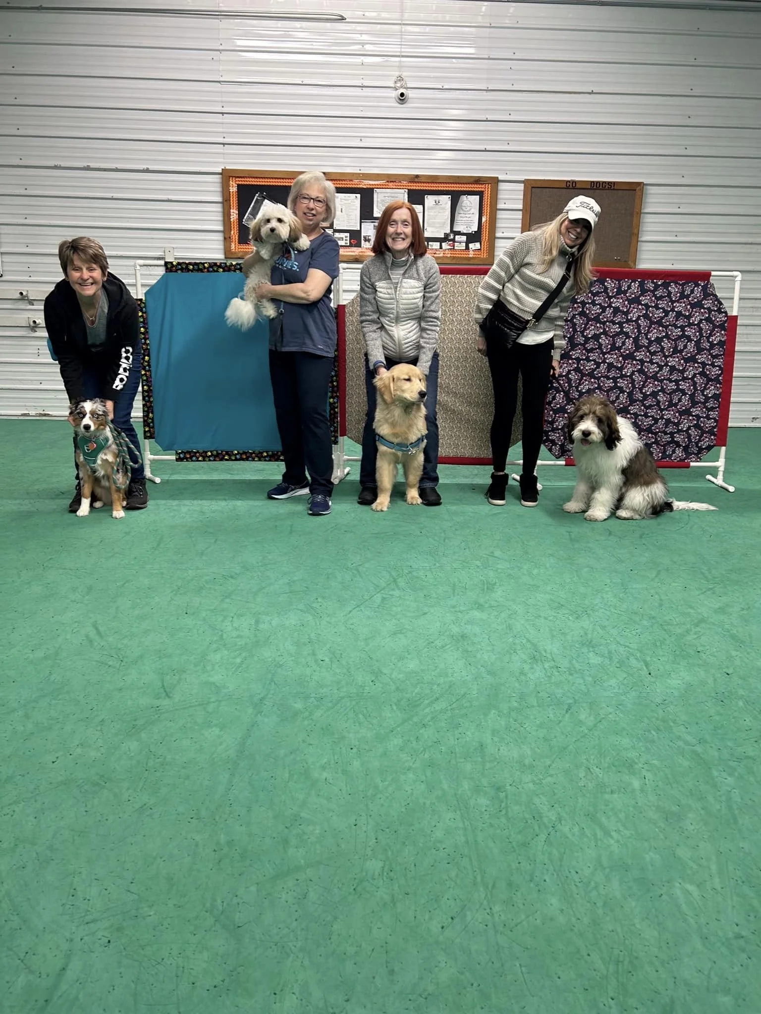 Four women and four dogs standing and sitting in an indoor dog training or socialization class, with colorful fabric screens and bulletin boards in the background.