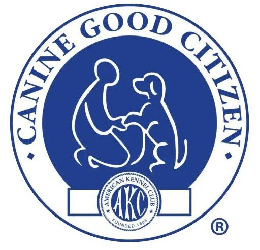 Logo of the American Kennel Club featuring a silhouette of a person and a dog shaking hands, with the text 'Cane Good Citizen' around the circle.